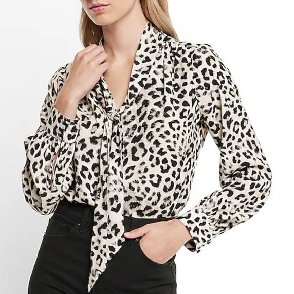 Leopard Print Long Sleeve Tie Neck Portofino Shirt - Picture 1 of 4